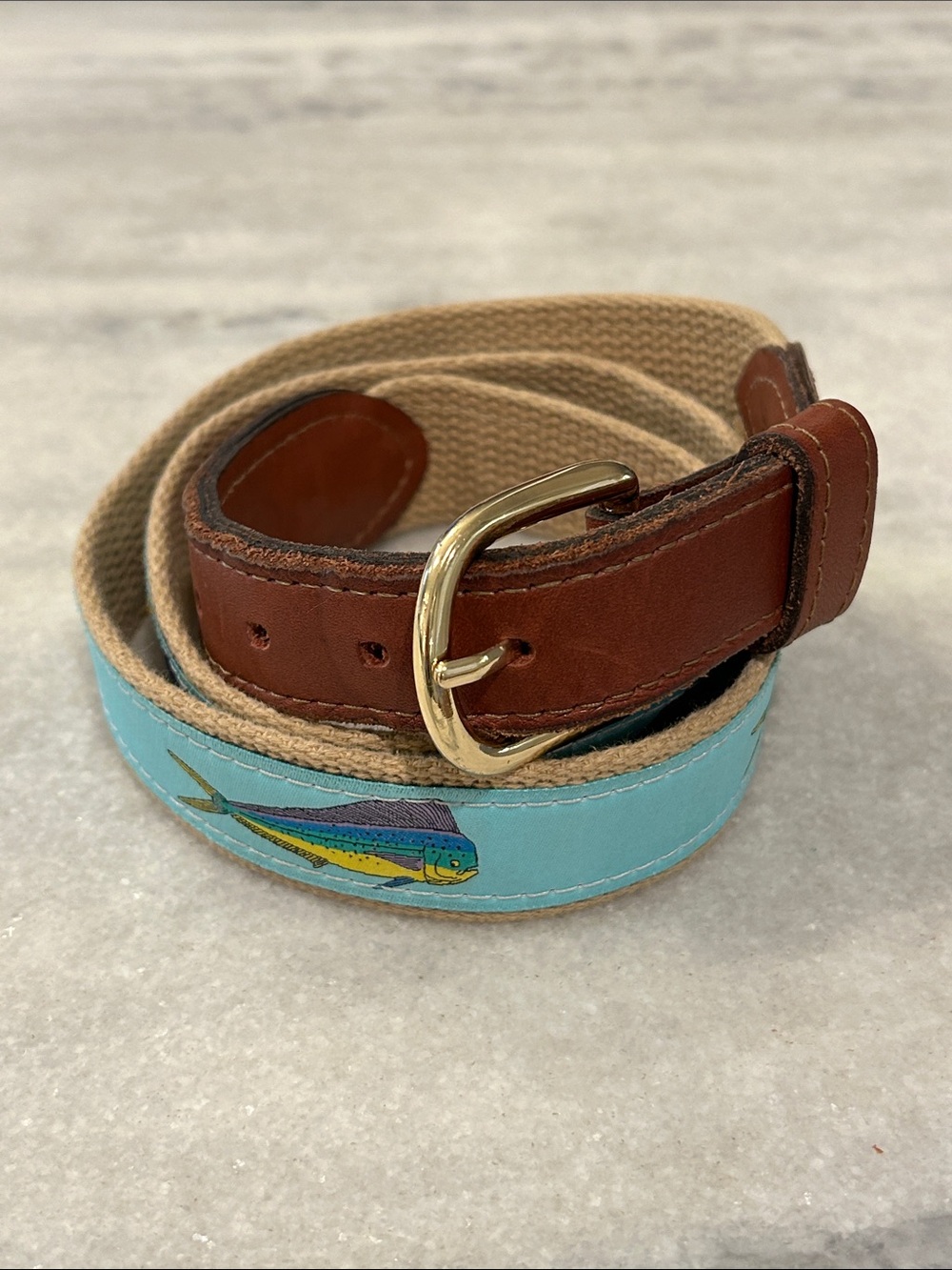 Leather and Canvas Mahi Mahi Embroidered Belt sz 38 Aqua Blue